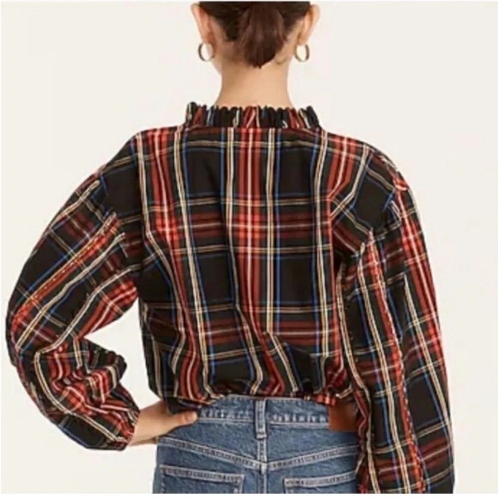 J.Crew Stewart Tartan Plaid Tie Neck Ruffle Blouse Top XS